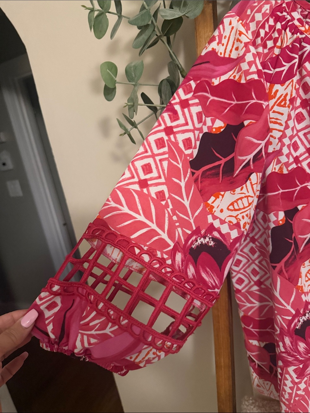 Women’s Pink Floral Tie-Neck Blouse - Picture 2 of 3